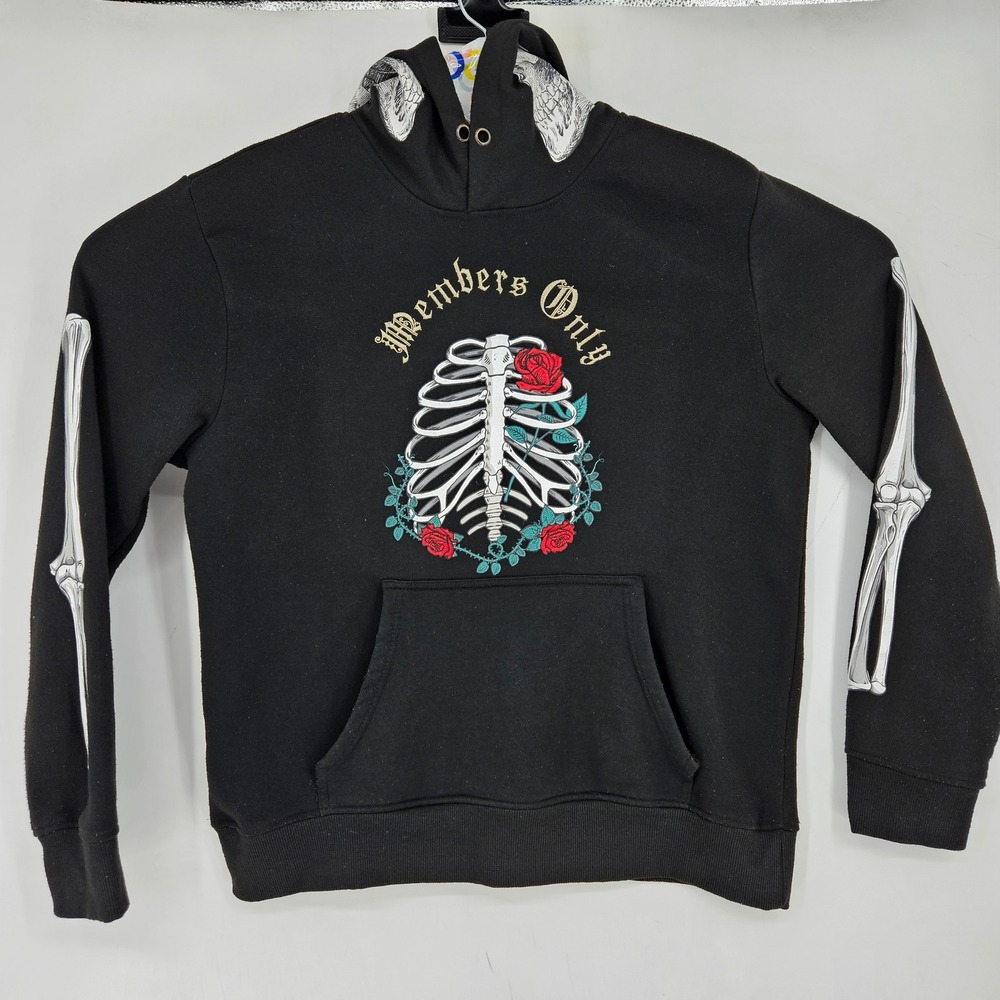 Members Only Hoodie Mens Small Pullover Black Skeleton Roses Embroidered‎